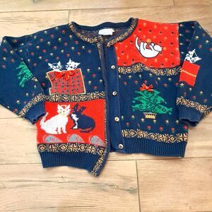 Vintage Sweater Loft Cat Cardigan Sweater Women's Size S Small blue red READ‎